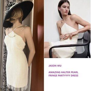 SPLENDID JASON WU TEXTURED SEXY BOUCLE HALTER PEARL STRANDS FRINGE DRESS